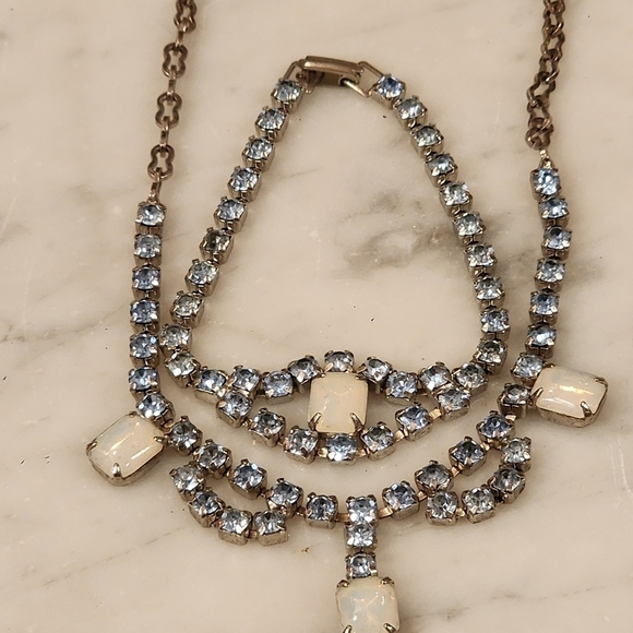 15" Vintage Rhinestone Choker Necklace & Bracelet Demi Parure Blue Opalescent - Picture 5 of 16